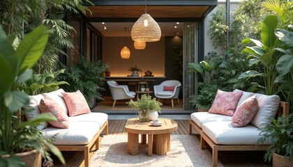 Obraz premium Modern patio terrace with white sofas, pink cushions, rich green plants, and wooden furniture. Relaxing outdoor living space with natural decor and soft lighting. Perfect for resort or cafe.