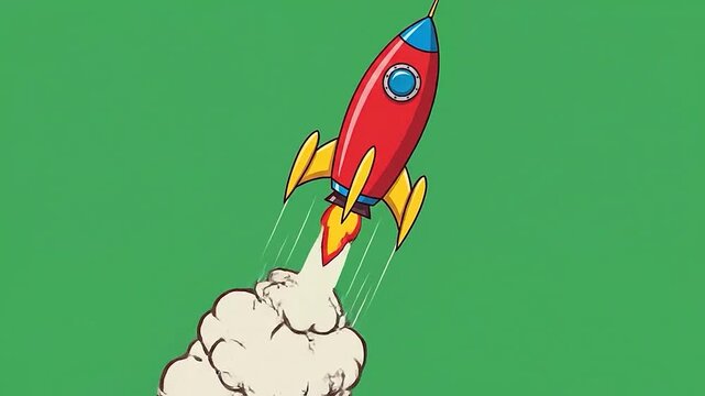 A colorful rocket ship blasts off into the sky with clouds