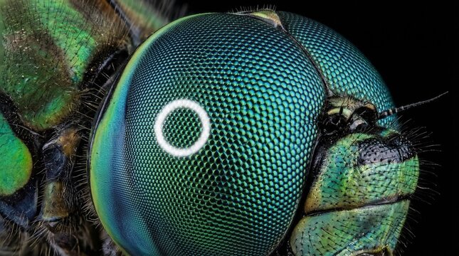 Extreme Macro Close-up of a Vibrant Iridescent Insect Compound Eye Structure.