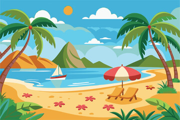 Obraz premium Flat vector illustration of a tropical bay with a sailboat, mountains, palm trees, beach chairs, and flowers on the sand.