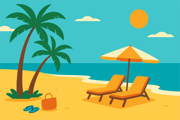 Obraz premium Flat vector illustration of a tropical beach with sun loungers, umbrella, palm trees, beach bag, and flip flops by the sea