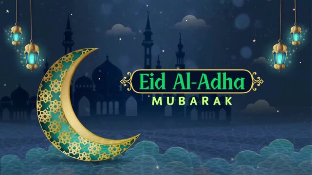 Eid Al-Adha Mubarak Night Motion Background with Crescent Moon and Mosque Silhouette