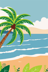 Fototapeta premium Flat vector illustration of a tropical beach with a single coconut palm tree, blue ocean waves, and sandy coast.