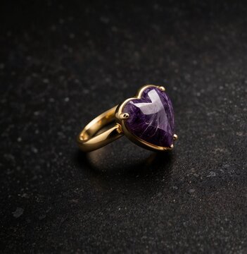 Heart cut charoite gemstone on gold ring on plain black background