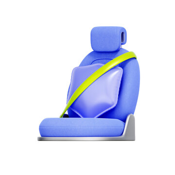 3D illustration of car seat with safety belt and shield for insurance protection. Used in driver apps, liability coverage features, safety guarantee systems, policy dashboards, and financial.