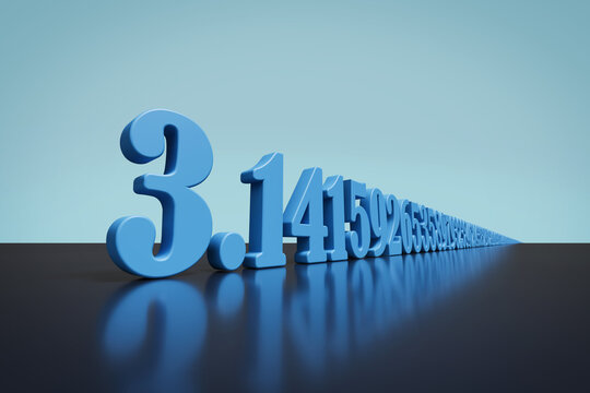 Pi in three dimensions with its infinite decimal places receding into a vanishing point. 3D illustration.
