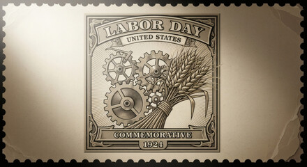 Obraz premium Vintage 1924 Labor Day Commemorative Stamp with Gears and Wheat