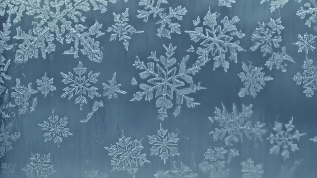 Intricate Ice Crystal Snowflakes Forming a Frosty Pattern.