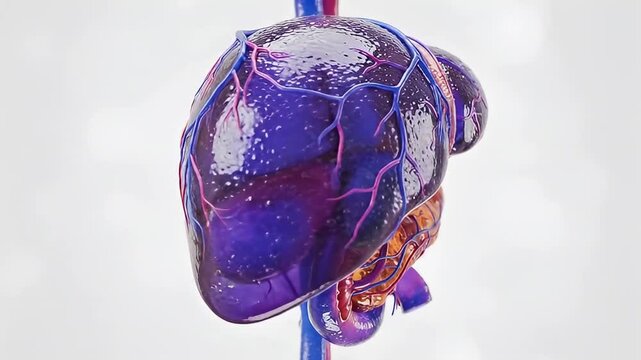 Human liver pancreas and gallbladder anatomy with blood vessels on white background