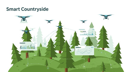 Obraz premium Illustration of a green countryside with trees, drones flying overhead, and digital screens displaying graphs and charts.