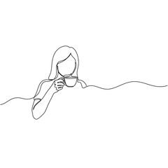 Obraz premium Continuous Line Art Drawing of a Woman Drinking Coffee or Tea Minimalist Illustration