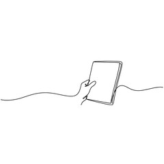 Obraz premium Continuous line drawing of hand holding a book or notebook for reading and education concept