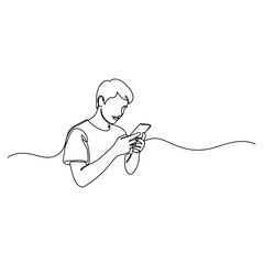 Obraz premium Continuous line drawing of man using smartphone for communication and social media