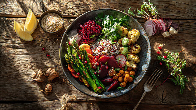 Colorful bowl holds fresh vegetables and nuts. Sunlight highlights rustic wooden surface. Leaves, roots, and seeds surround the dish. Healthy meal presented with natural textures