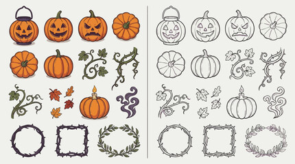 Collection of Halloween pumpkin illustrations and decorative elements in both color and outline styles. © renender