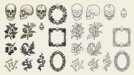 A collection of gothic and macabre illustrations featuring skulls, botanical elements, and ornate frames. © renender