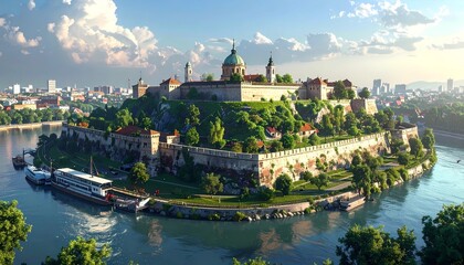 Obraz premium Aerial view of historic Belgrade Fortress surrounded by lush greenery and river at sunset