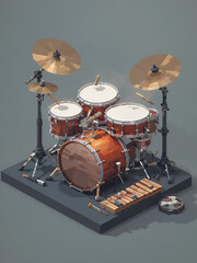Obraz premium Isometric pixel art percussion instruments set with drums and xylophone