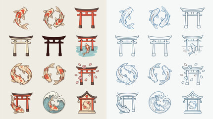 Fototapeta premium Collection of Japanese cultural icons featuring koi fish and torii gates in various artistic styles and arrangements.