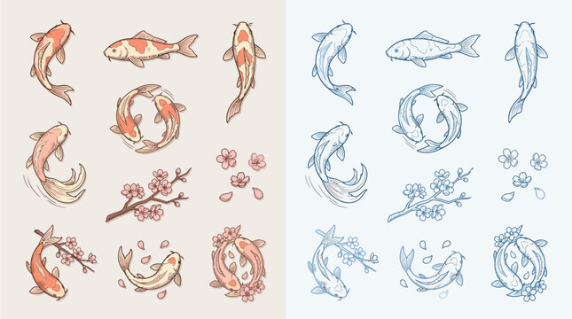 A collection of delicate illustrations featuring koi fish and cherry blossoms in both colored and line art styles.