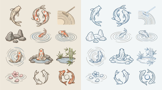 Collection of Japanese Zen Garden and Koi Fish Illustrations in Two Color Palettes.