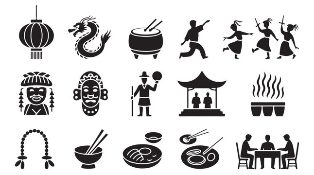 Chinese cultural symbols including dragon lantern dancers and food icons