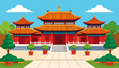 Obraz premium Traditional Chinese palace entrance with red walls and golden roofs under blue sky