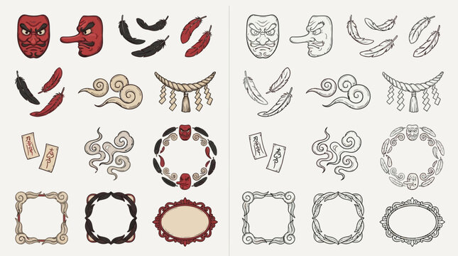 Collection of Japanese cultural icons and decorative elements, including masks, chili peppers, clouds, and ornate frames, presented in both color and outline versions.
