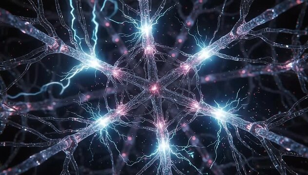 Extreme macro shot of artificial synaptic junctions releasing bursts of glowing electric energy as signals transfer between digital neurons
