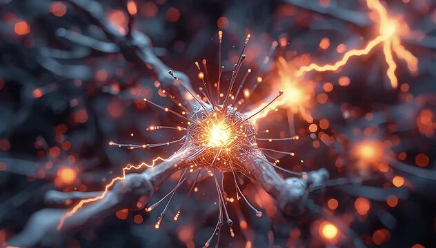 Extreme macro shot of artificial synaptic junctions releasing bursts of glowing electric energy as signals transfer between digital neurons