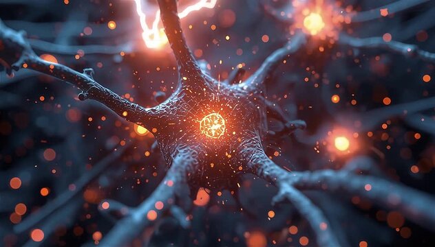 Extreme macro shot of artificial synaptic junctions releasing bursts of glowing electric energy as signals transfer between digital neurons