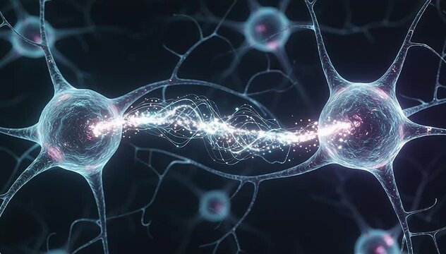 Close-up macro scene of two digital neurons connected by a glowing synaptic bridge transmitting bright streams of data particles, energy pulses traveling across the synapse repeatedly