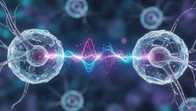 Close-up macro scene of two digital neurons connected by a glowing synaptic bridge transmitting bright streams of data particles, energy pulses traveling across the synapse repeatedly