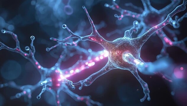 Close-up macro scene of two digital neurons connected by a glowing synaptic bridge transmitting bright streams of data particles, energy pulses traveling across the synapse repeatedly