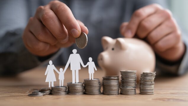 a man is putting coins into his piggy bank next to it, there's an outline of a family and money on top of which they stand background is blurred, focusing attention only on the hands Generative AI