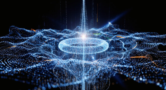 Abstract visualization of glowing blue digital particles forming a futuristic landscape with a central energy ring, representing data flow and technological advancements