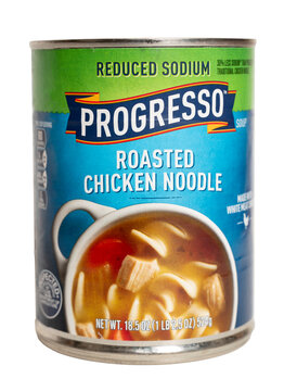 Millburn, New Jersey, USA - March 16, 2026: Progresso Roasted Chicken Noodle reduced sodium canned soup on a transparent background.