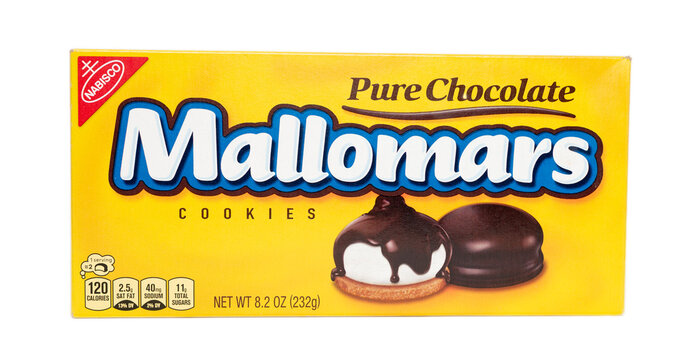Millburn, New Jersey, USA - March 16, 2026: A box of Nabisco Pure Chocolate Mallomars cookies on a transparent background.