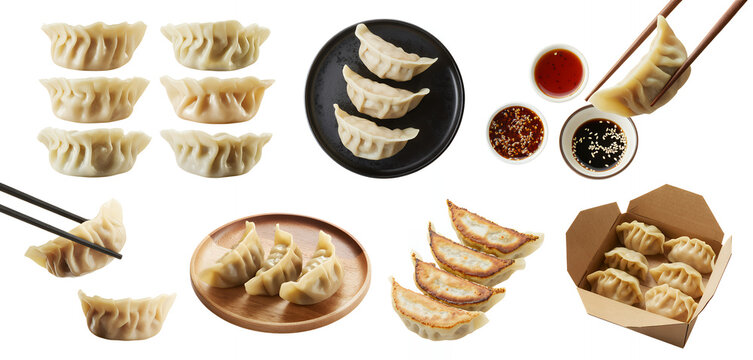 Assorted dumplings with dipping sauces and chopsticks steamed dumplings