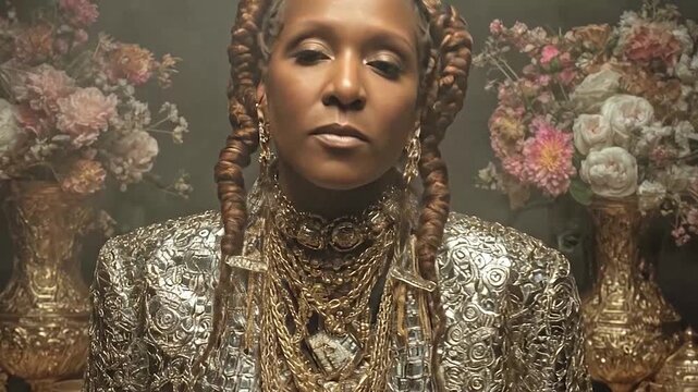 A person adorned in opulent gold jewelry and clothing sits regally