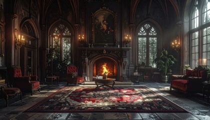 Obraz premium Gothic Mansion Interior with Ornate Fireplace and Grand Decor
