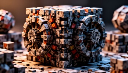 Naklejka premium Stacked wooden game tokens with dice and blurred casino chips background warm lighting
