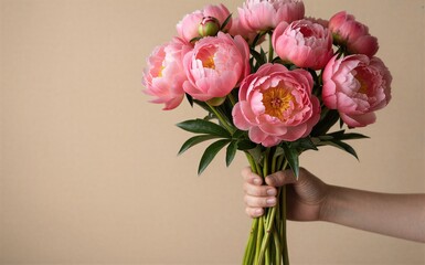 Obraz premium Hand holds vibrant pink peonies against soft beige background.