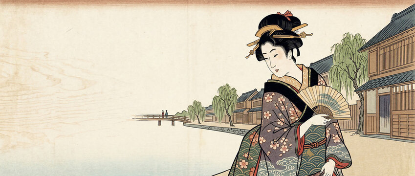 Ukiyo-e Style Kimono Woman by River in Edo Town with Copy Space