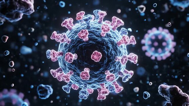 3D rendering of a coronavirus particle showcasing spikes floating in a microscopic dark space ideal for health or scientific studies
