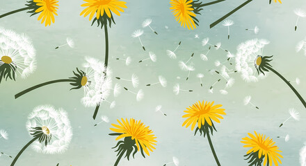 Obraz premium Dandelions and Seeds in Bloom with Flying Pollen.