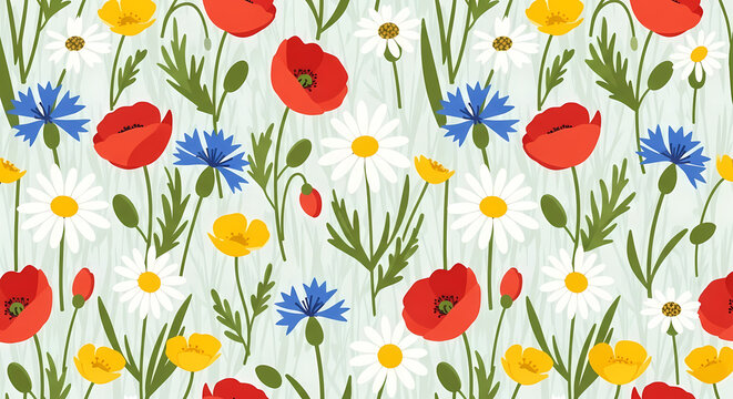 Colorful Wildflower Pattern with Red Poppies Blue Cornflowers and Yellow Daisies.