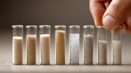 Hand adjusts levels of sand in glass test tubes in a laboratory setting with neat arrangement and focus on scientific precision in cool tones