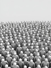 Obraz premium Gray faceless crowd of people on a gray background. Large bleached group of people in monochrome color. 3D rendering with copy space. High angle view.