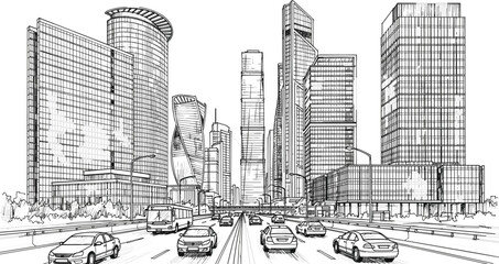 Obraz premium Modern city highway landscape with skyscrapers and traffic for urban architecture business transportation travel vector illustration design.